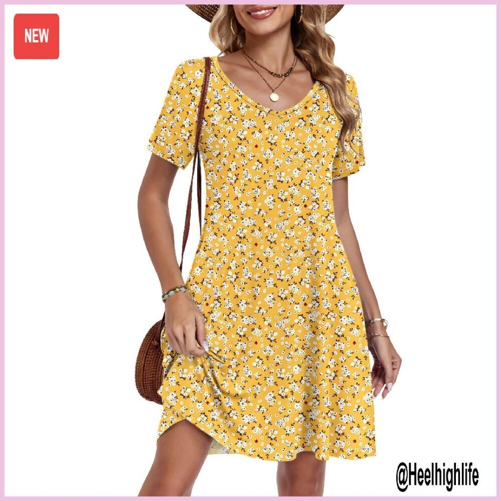 Women's Floral V-Neck Swing Dress with Pockets - Soft Polyester Spandex